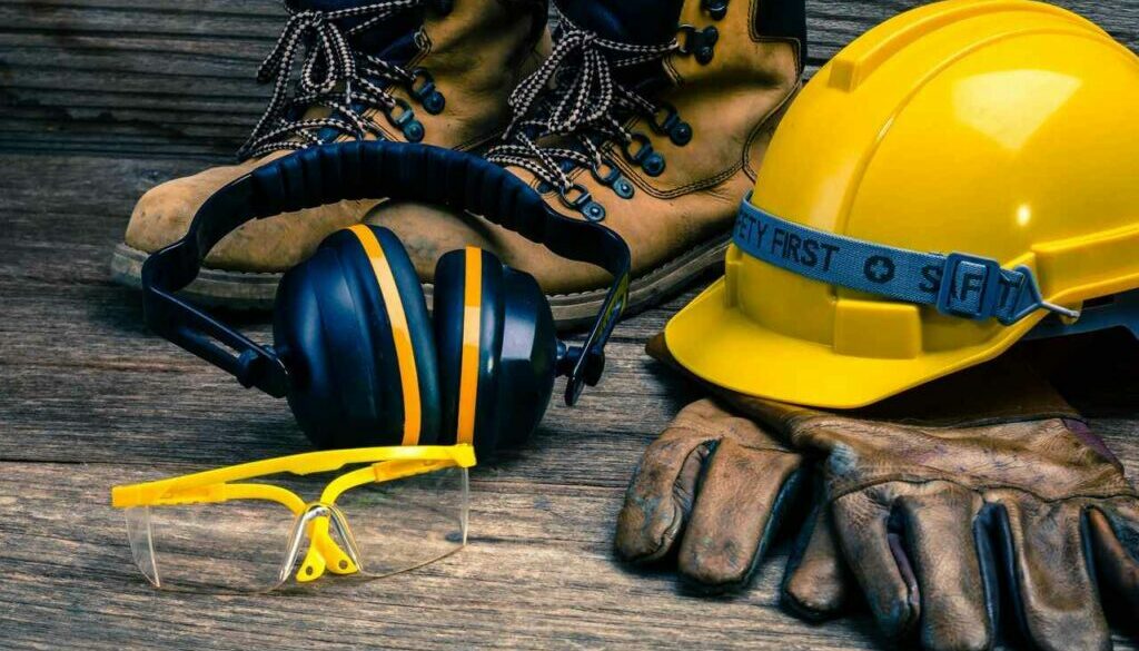 Hard hat, boots, safety goggles, gloves and ear muffs