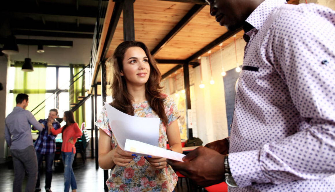 group of business people woman interacting with man