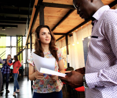 group of business people woman interacting with man